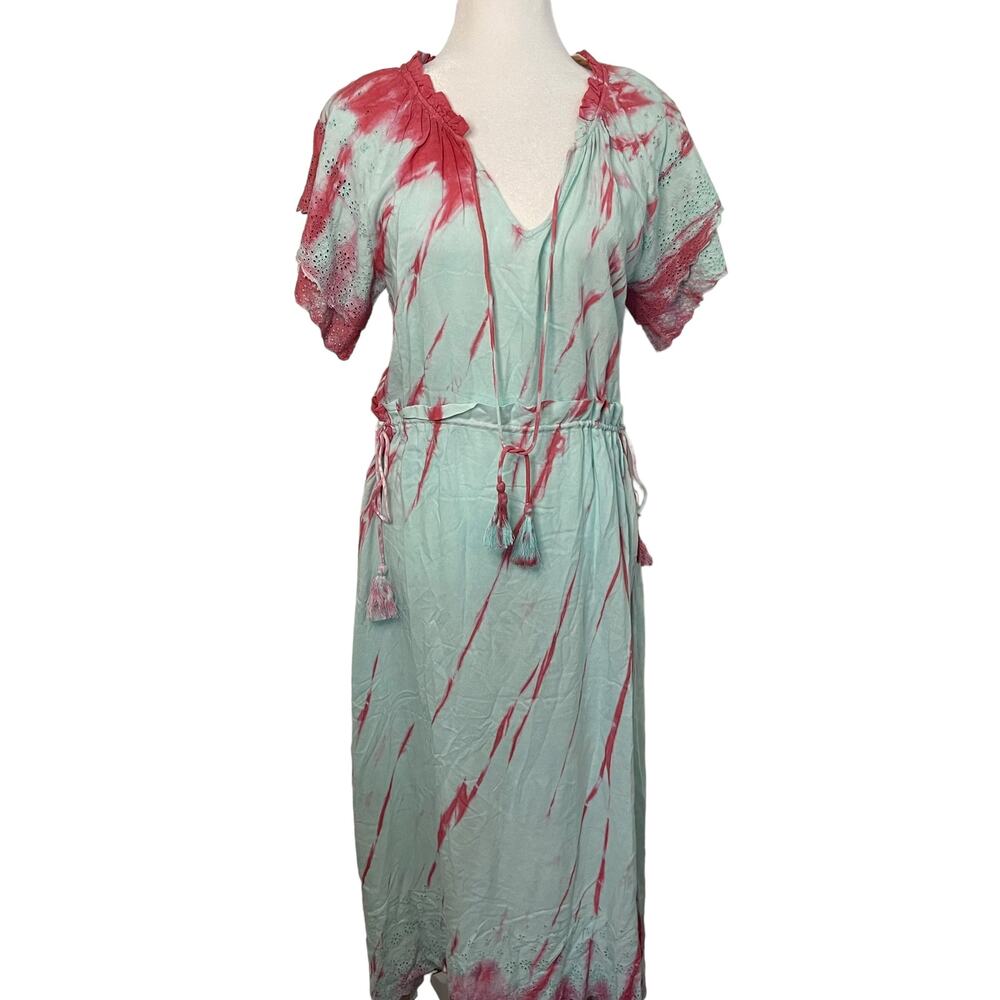 NWT Anthropologie Raga tie dye eyelet lace trim maxi dress with tassels - L